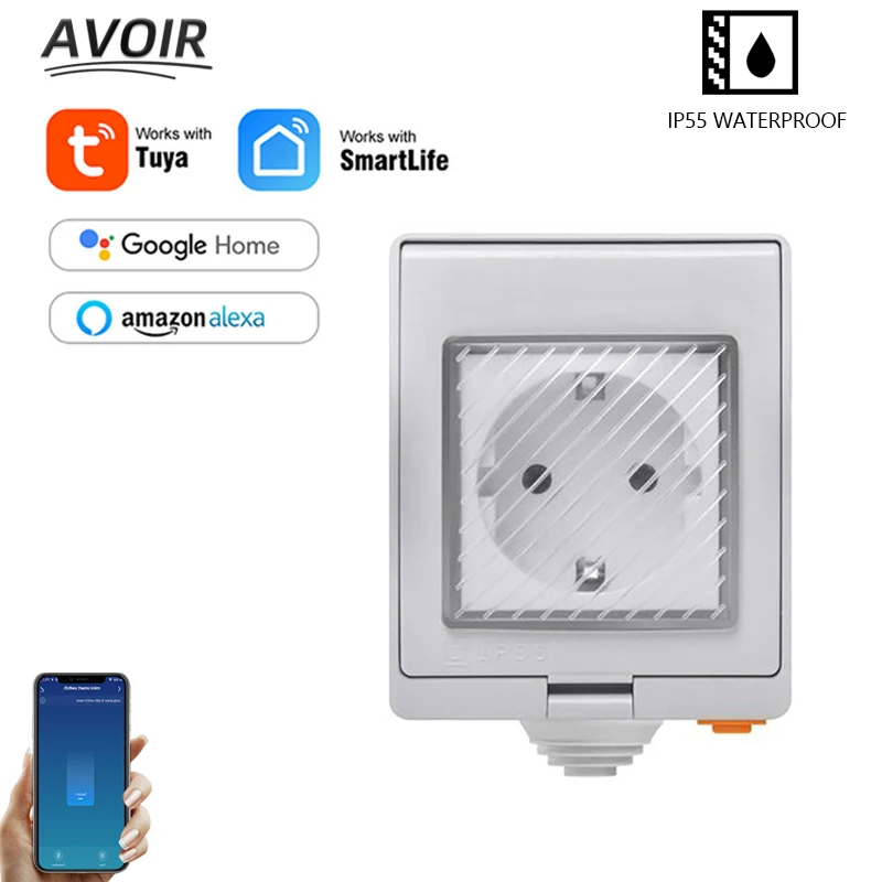 

Avoir Tuya Smart IP55 Waterproof Socket EU Standard Plug 16A Power Outlets Outdoor Wifi Wireless Remote Control Home Appliance