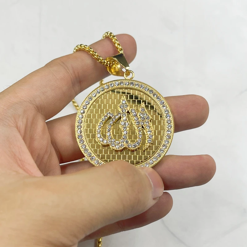 Rrhinestone Bangladesh India Middle East Muslim Islam Ala Religious Jewelry Pendant Men\'s Necklace Gold color Necklaces