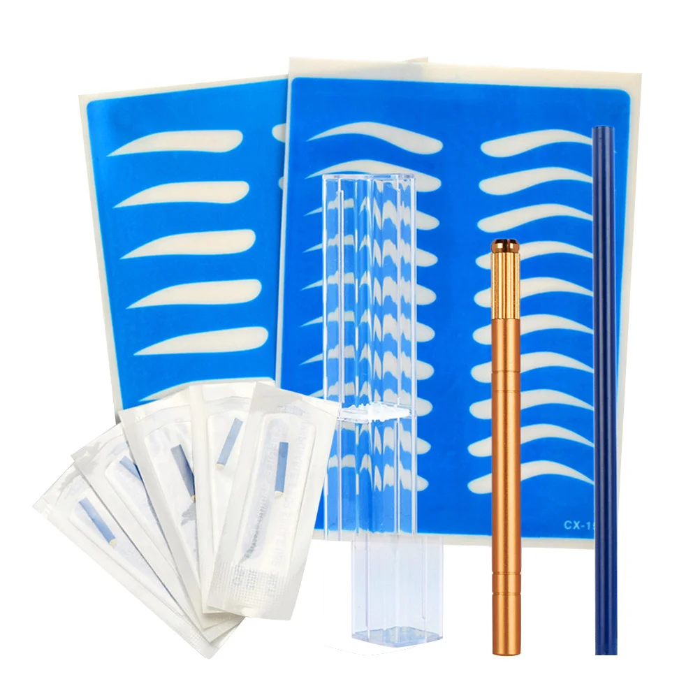 

Pen Storage Box Set Microblading Manual Pen With Practice Skin Eyebrow Blades Kit For Tattooing Eyeliner Lip Liner Golden