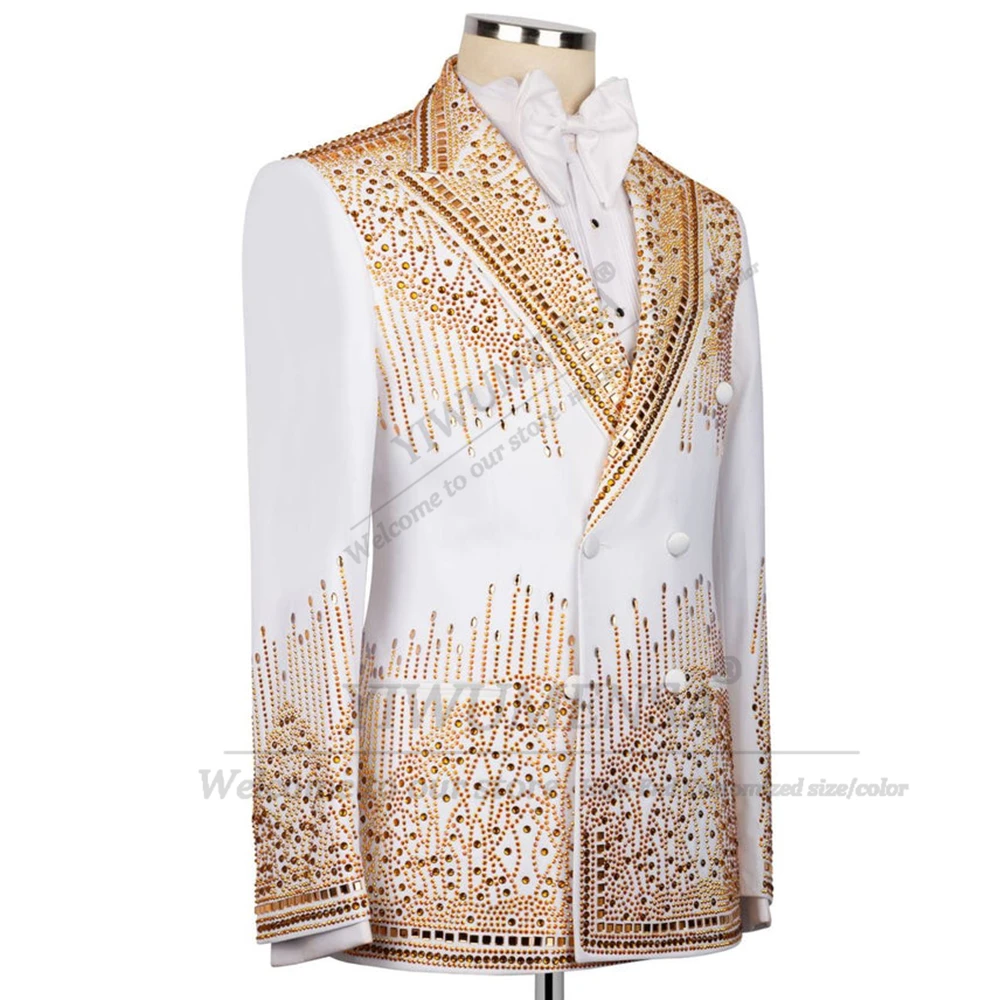 Metaliczna biżuteria Kamienie Garnitury męskie na ślub Dwurzędowa marynarka Spodnie Zestaw 2-częściowy Smokingi dla pana młodego Szyte na miarę Ropa Hombre