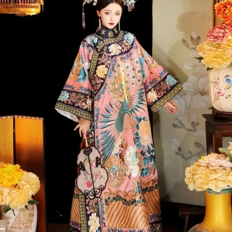 Chinese Traditional Dress Women Qing Dynasty Pink Peacock Print Large Sleeves Stand Up Collar Cheongsam Vestido Medieval Mujer