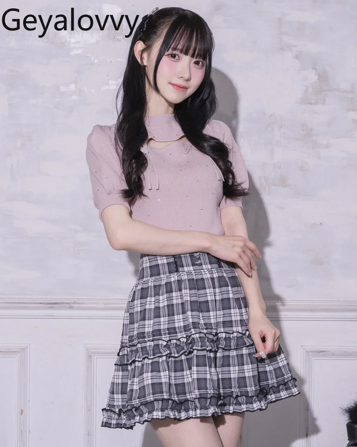 T-shirt a maniche corte con colletto cavo con lacci patchwork in due pezzi falso originale in stile giapponese Top corto in maglia a costine con diamanti