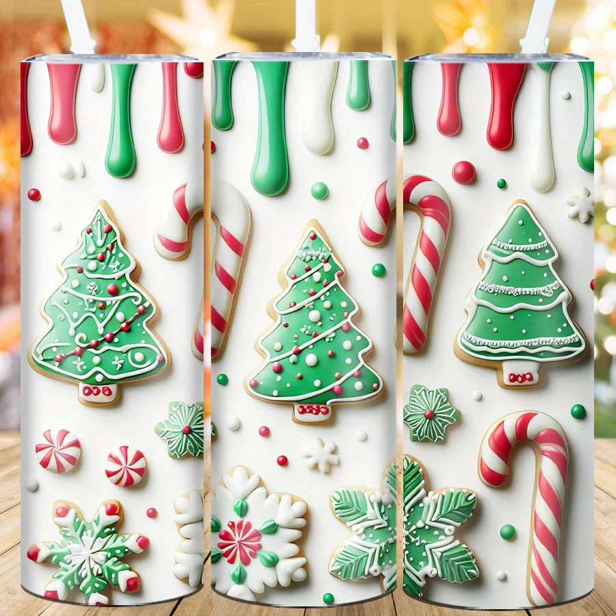 1pc Stainless Steel Insulated Tumbler with Straw and Lid, 20 oz, 3D Printed Christmas Tree and Candy Cane Design, Large Capacity Travel Mug, Reusable, Hand Wash Only, Ideal for Christmas, Halloween, Thanksgiving - Festive Holiday Cup for Parties