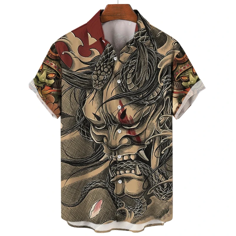 Mythical Monster Men\'s Shirt 3d Horror Face Print T-shirts Vintage Summer Male Tops Hawaiian Casual Oversized Loose Men Clothing