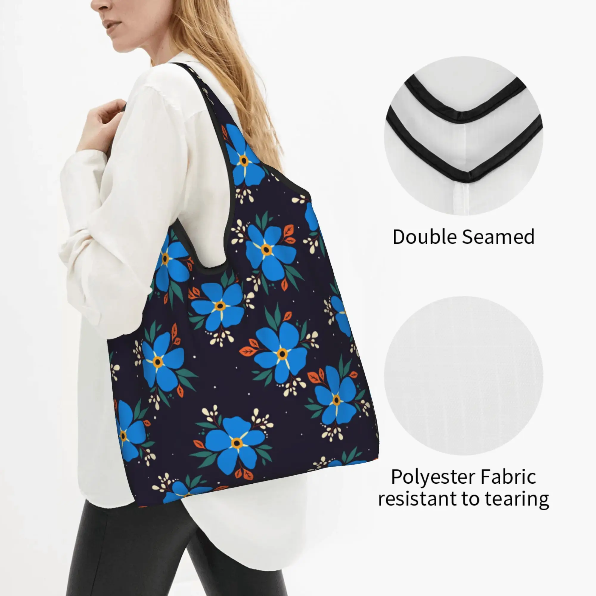 Blue Forget Me Not Flowers Grocery Shopping Tote Bag  Cute Seamless Floral Pattern  Shoulder Shopper Bag Large Capacity Handbags