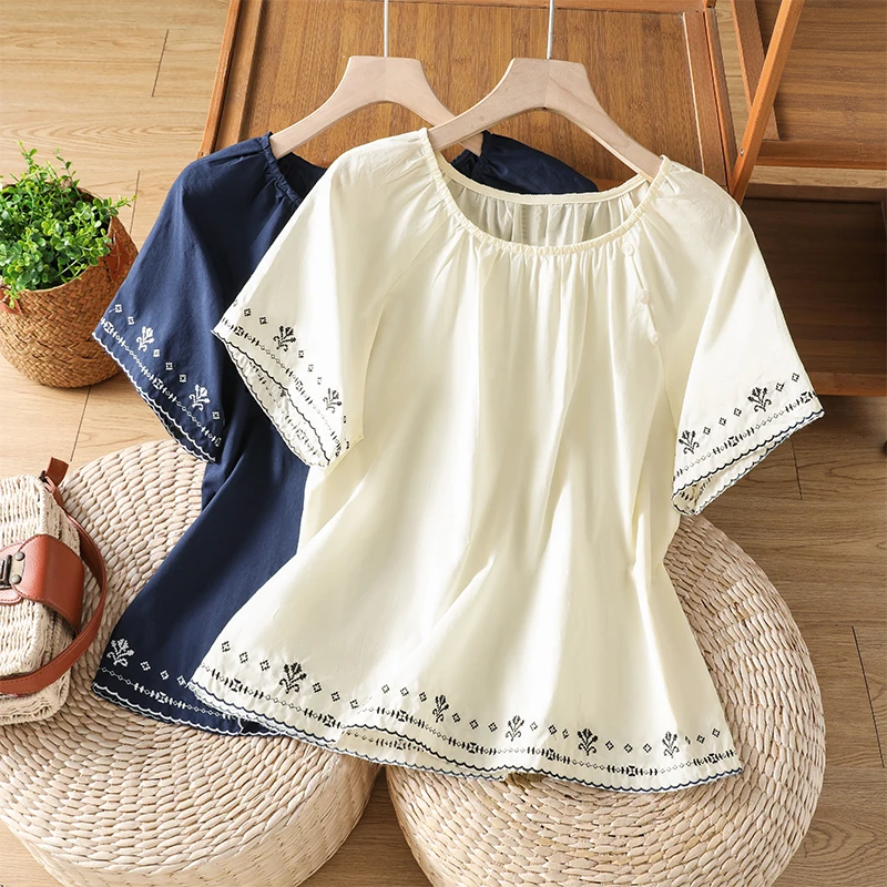

Heavy Embroidery Cotton Linen Short Sleeve Shirt Women's Daily Versatile Style round Neck T-Shirt Chinese New Summer Fashion