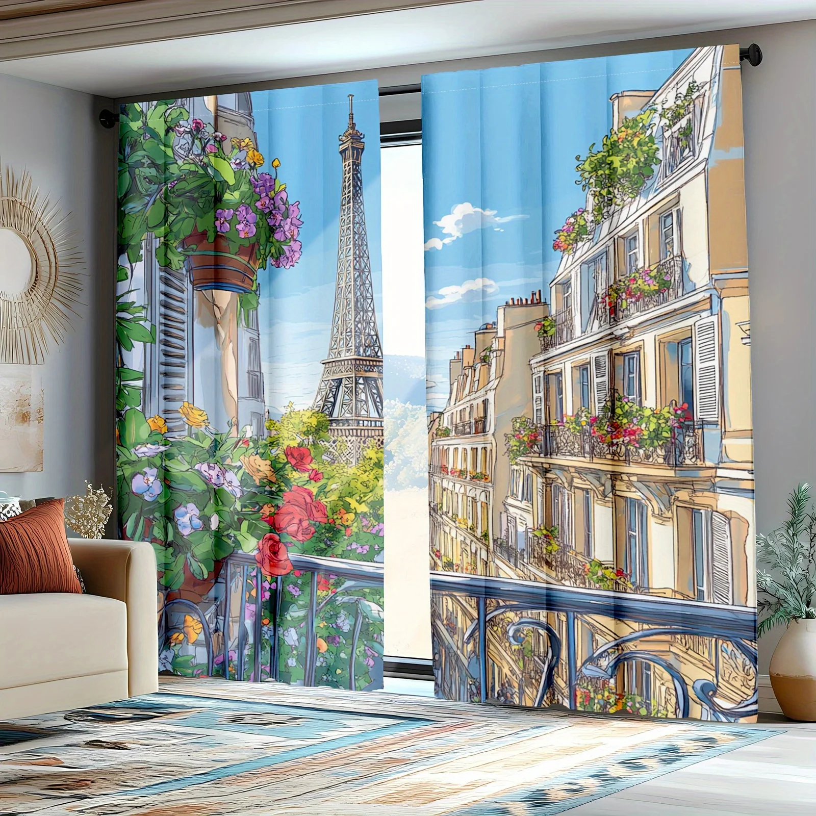Paris Eiffel Tower Curtains, French Balcony Flower View Print Blackout Drapes for Living Room, Romantic Cityscape Home Decor