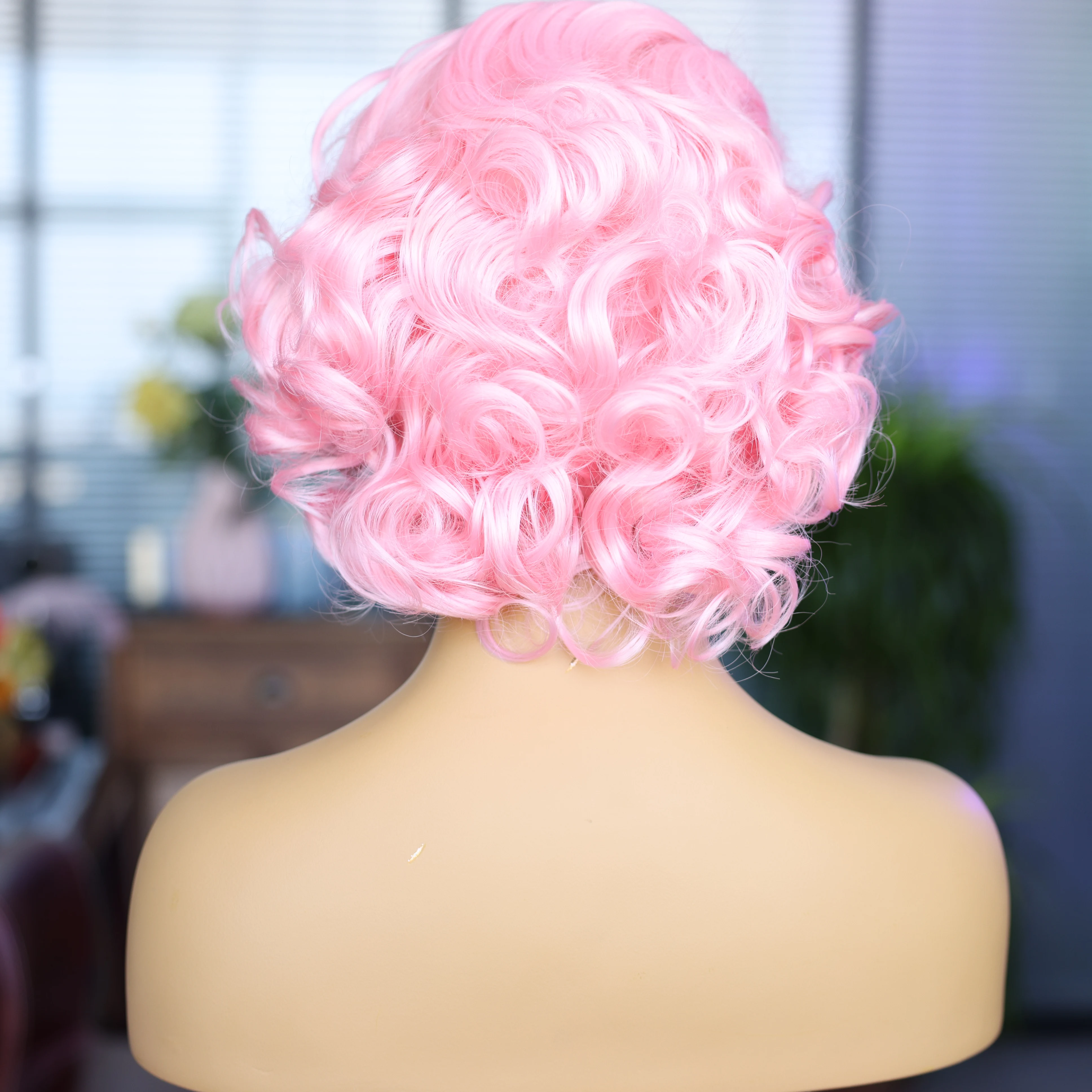 Pink Short Synthetic Wave Wig Natural Hangline Front Lace Mesh Cap Adjustable Elastic Wig Lightweight for Dating Travel Cosplay