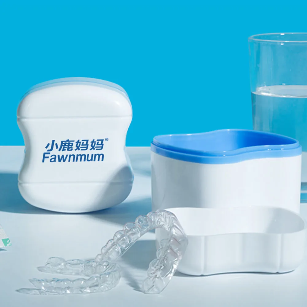 Fawnibu kotak peralatan gigi dua dalam satu, kotak penyimpanan gigi tiruan portabel, casing penahan pembersih kawat gigi tidak terlihat, perlengkapan ortodontik