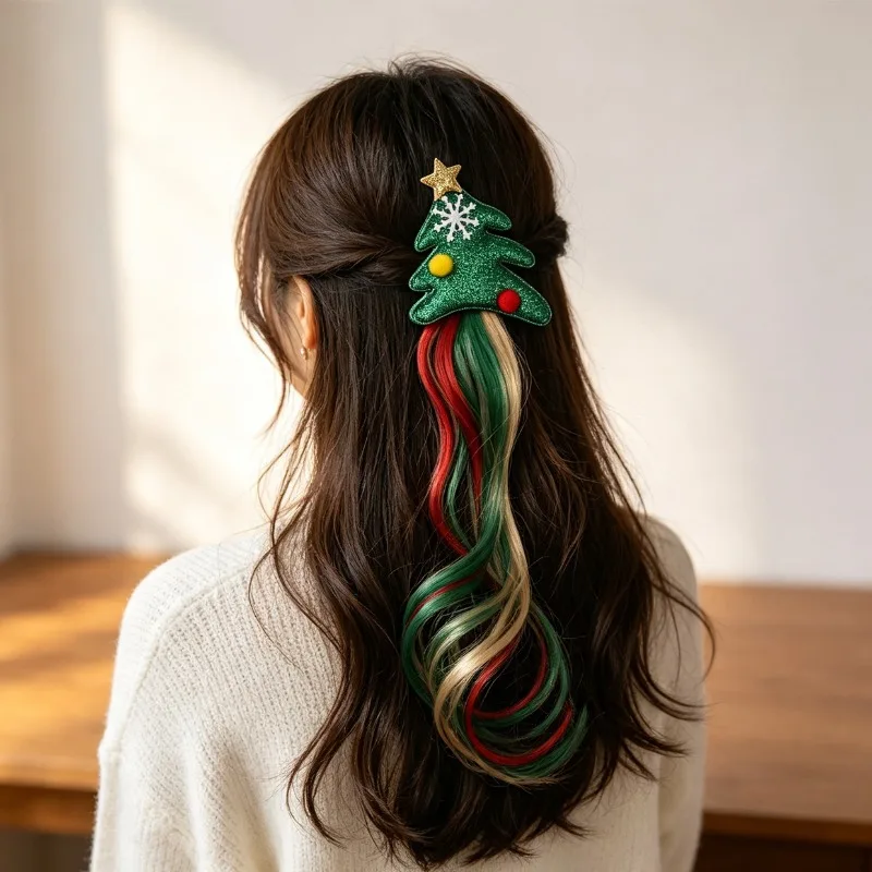 2pairs Christmas Tree Hair Clips with Wig Tassel,Girls Festive Barrettes,Colored Curly Hair Extension Clips for Xmas Party Decor