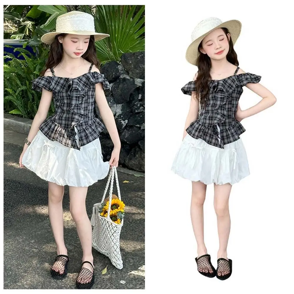 

Grid Pleated Kids Ruffles Short Dress One Shoulder Neck Suspenders Girls Puff Sleeve Skirt Camisole Top Short