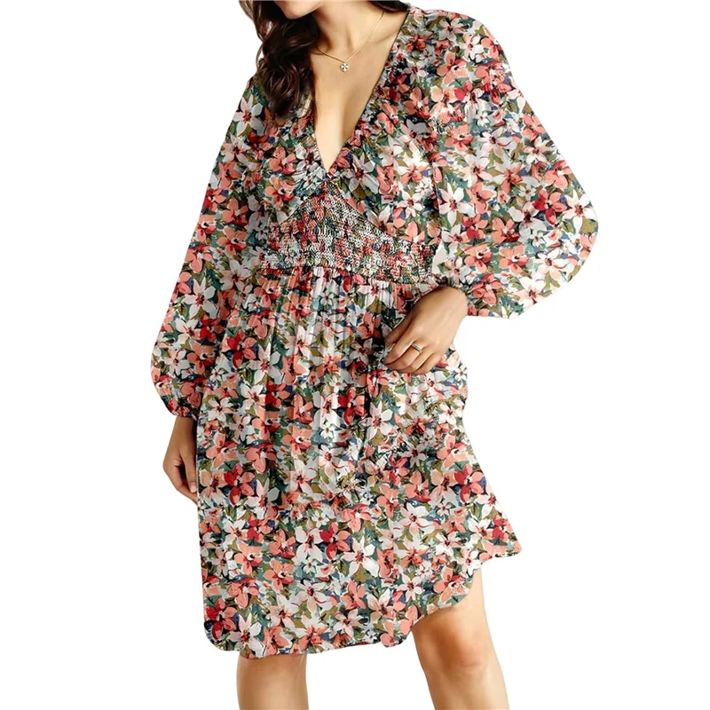 A83F-Donna Autunno Boho Floreale Scollo a V Manica lunga Smocked Elastico in vita Casual A-Line Mini abito prendisole