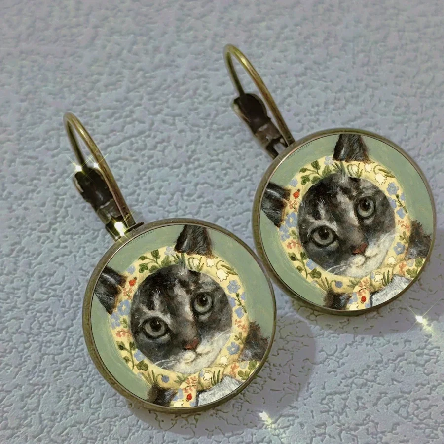 2024 Colorful Cat Earrings Abstract Oil Painting Cat and Animal Style Glass Women\'s Earrings Cute Wedding Gift