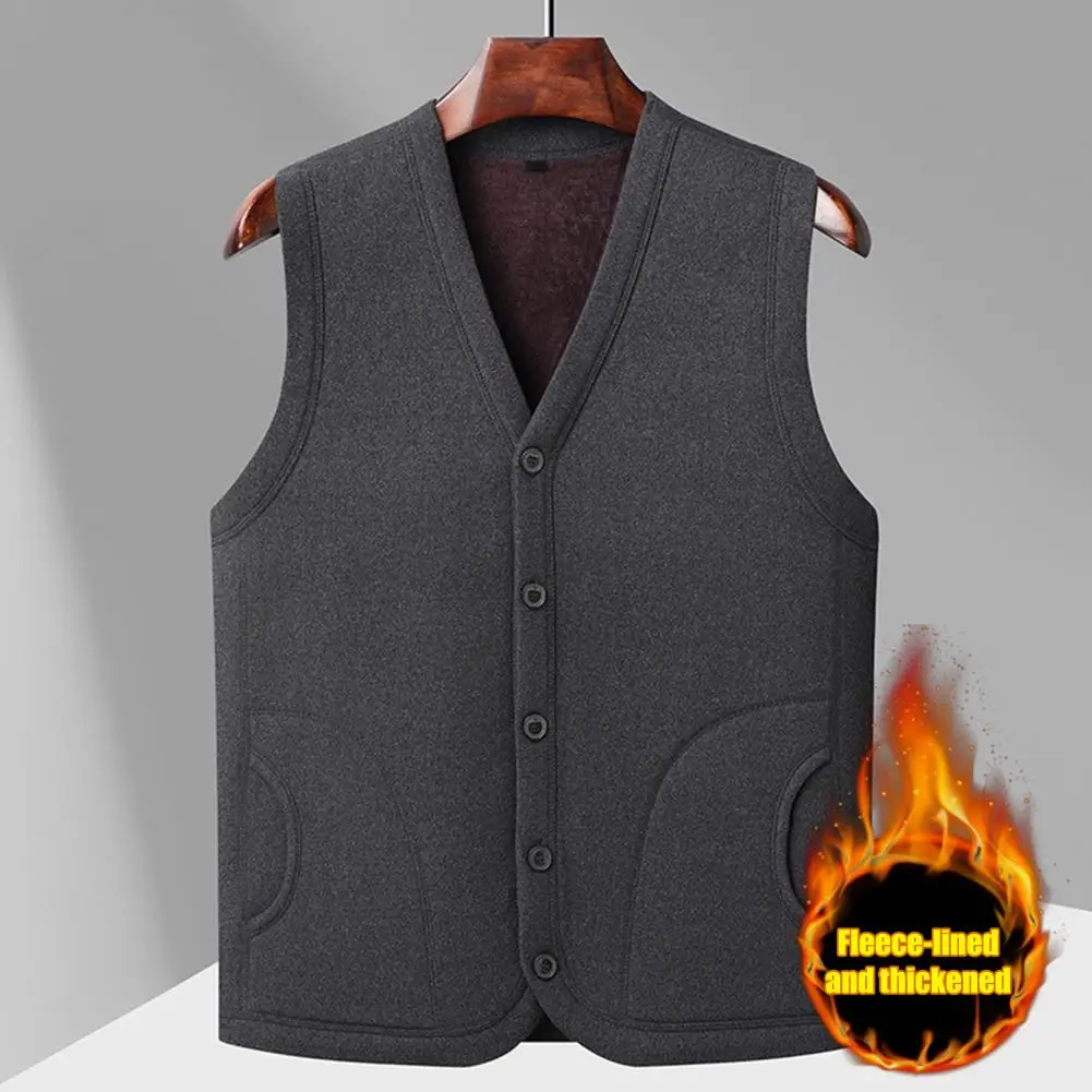 

Coldproof Vest Men's V-neck Sleeveless Waistcoat with Velvet Lining Pockets Coldproof Solid Color Vest for Winter Single for Men