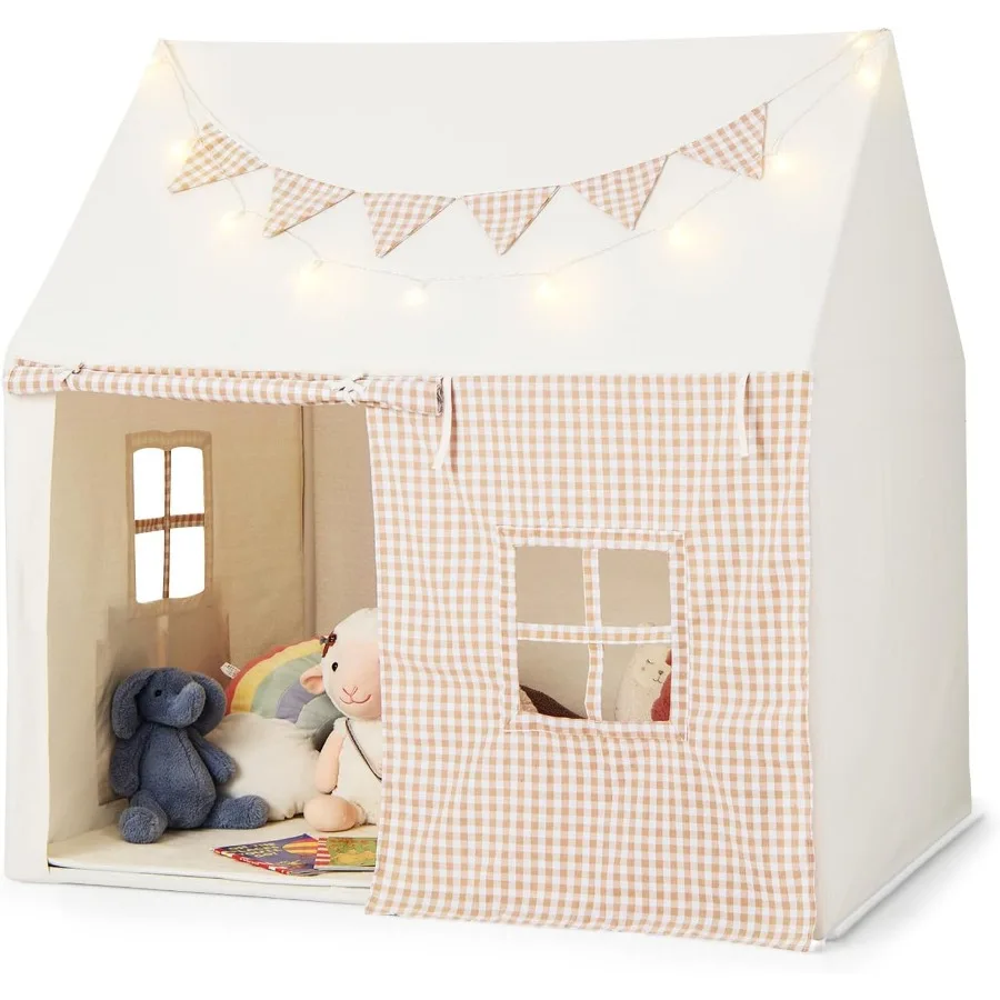 

Палатка Большой игровой домик для игр в помещении и на открытом воздухе с мягким ковриком 2 дышащие окна 2 кармана для хранения звездные огни Флаг Баннер в комплекте