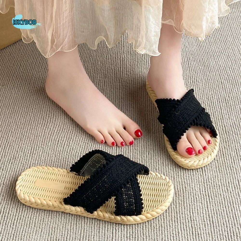 

Сладкие пляжные шлепанцы в стиле бохо, плетеные, из ПВХ, на плоской подошве, нескользящие, для отпуска, для улицы