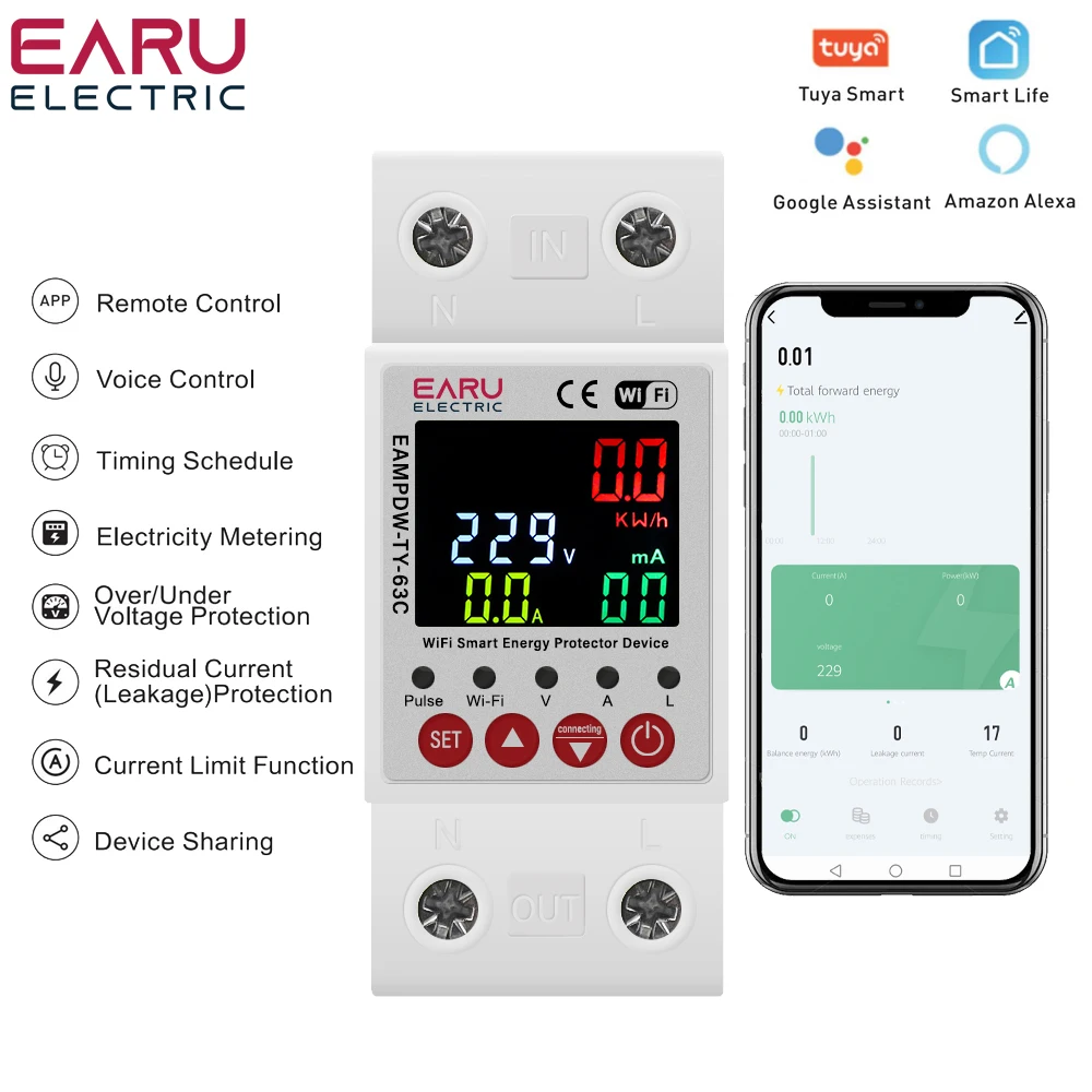 2P 63A TUYA APP WiFi Smart Circuit Earth Leakage Over Under Voltage Protector Relay Device Switch Breaker Energy Power kWh Meter