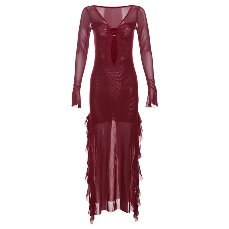 European and American Autumn Winter New Fashion Sleeve Hollow Out Long Dress Women