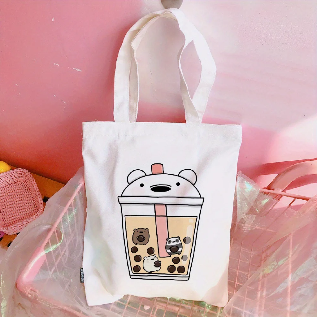 Canvas tote bag, Panda milk tea cartoon cup, Boba pearl, cute animals, cute and sweet daily handbag - view 2
