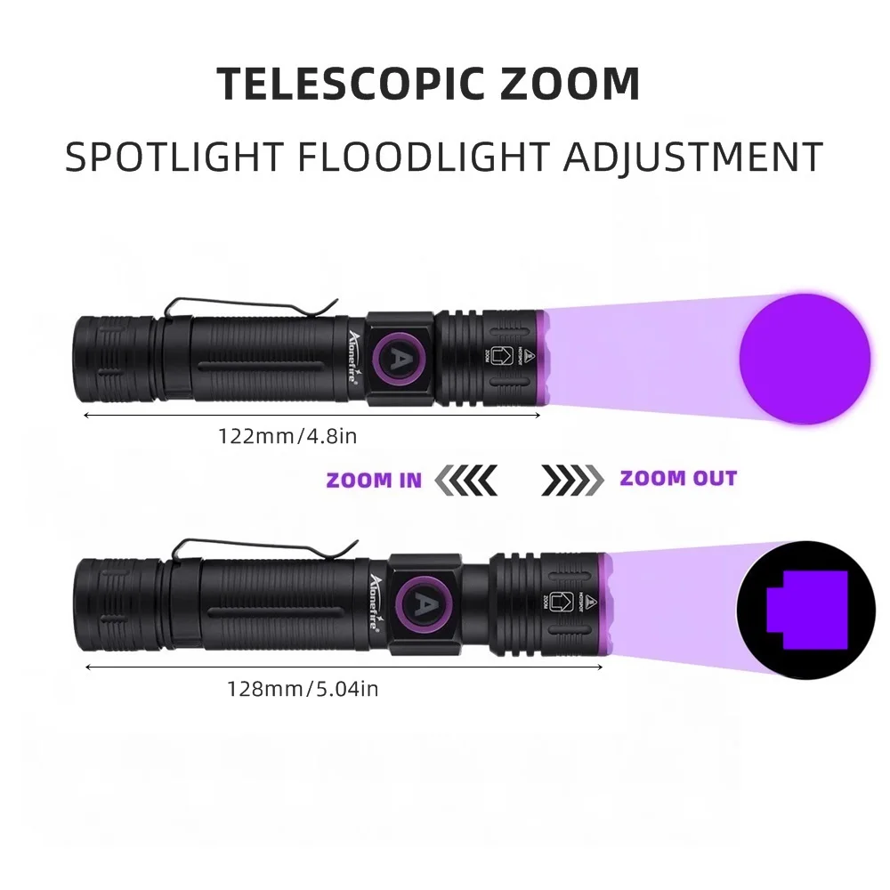 365/395nm Zoom UV Flashlight USB Rechargeable Ultraviolet Adhesive Curing Torch Cat Dog Pets Urine Tinea Marker Money Ore Light