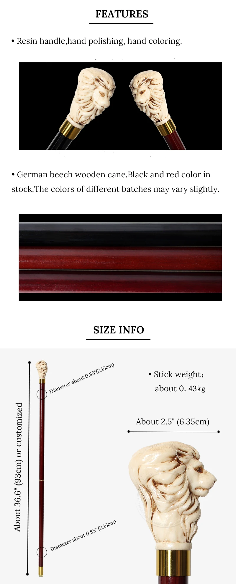Antique Resin Lion Head Walking Stick Red Wood Detachable Walking Cane Elegant Decorative Party Accessory for Men And Women