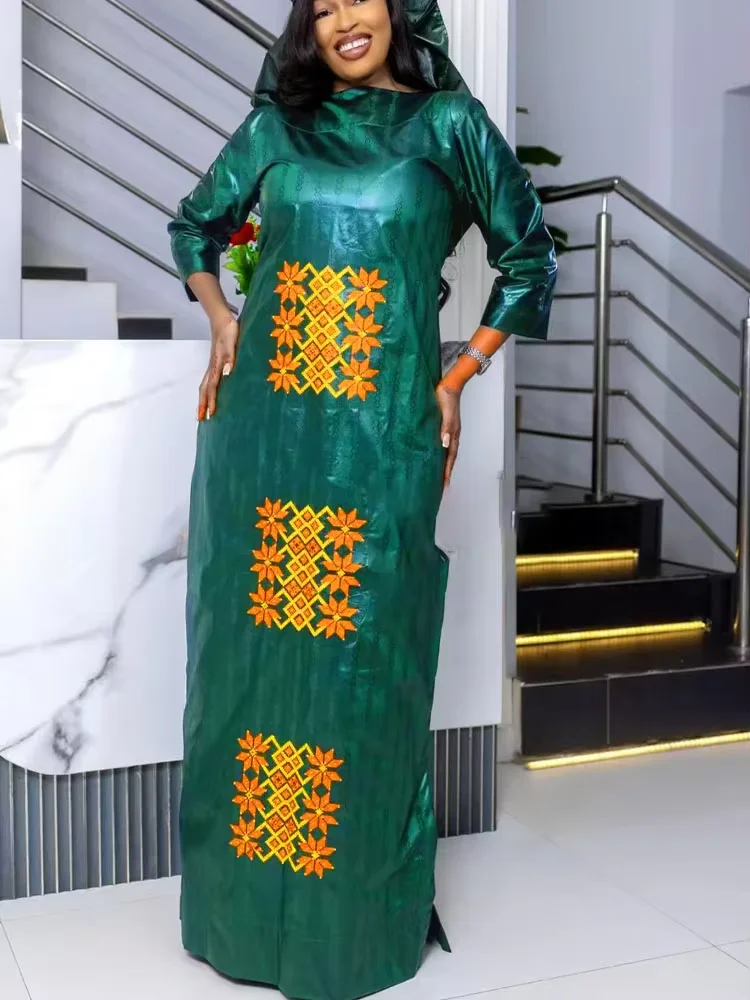 

Arrival African Bazin Riche Long Robe Dashiki Boubou With Headscarf Ankara Senegal Women Traditional Evening Wedding Kaftan Dres