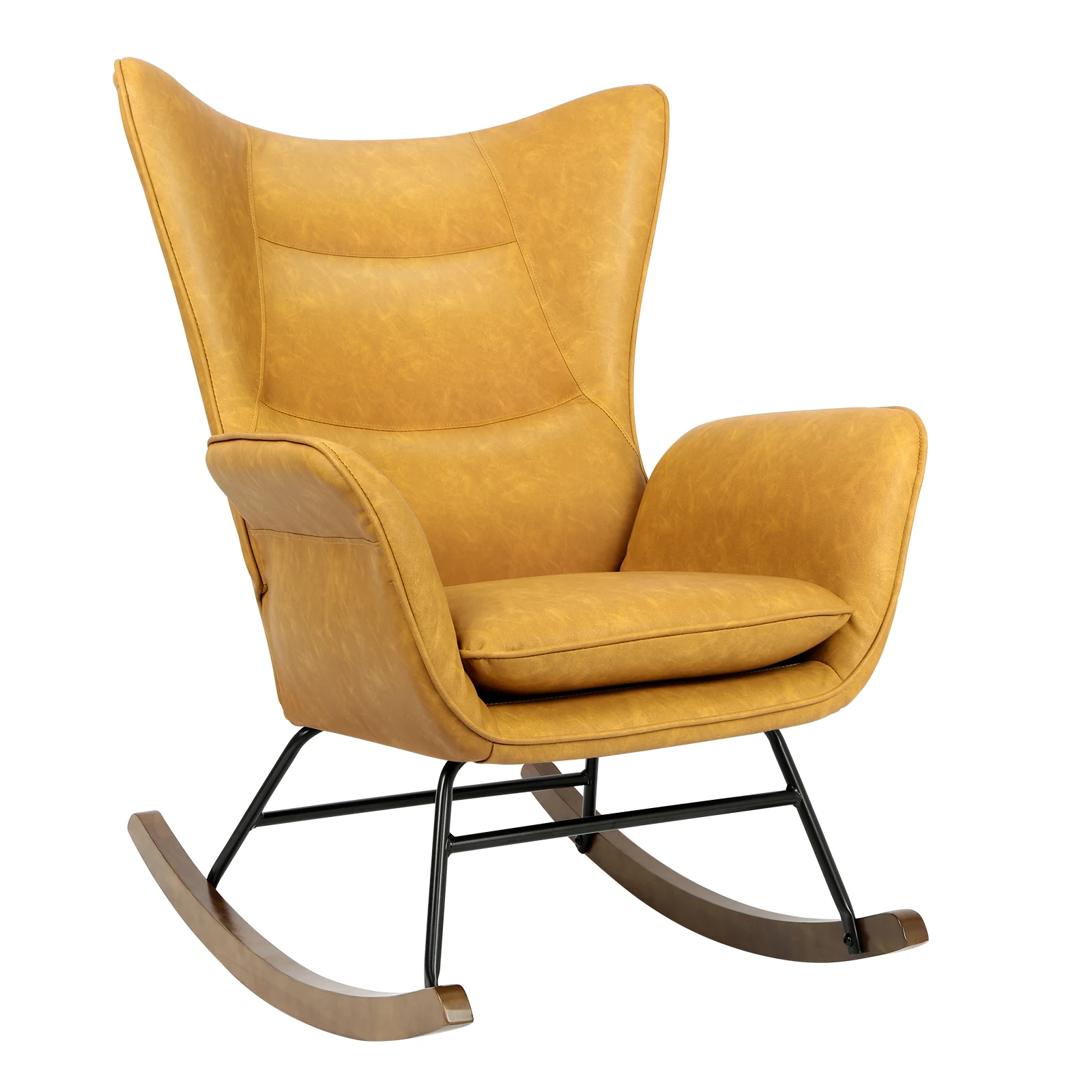 Rocker Glider Chair PU Leather Modern Rocking Chair with Wooden Base High Backrest and Armrests Padded Seat