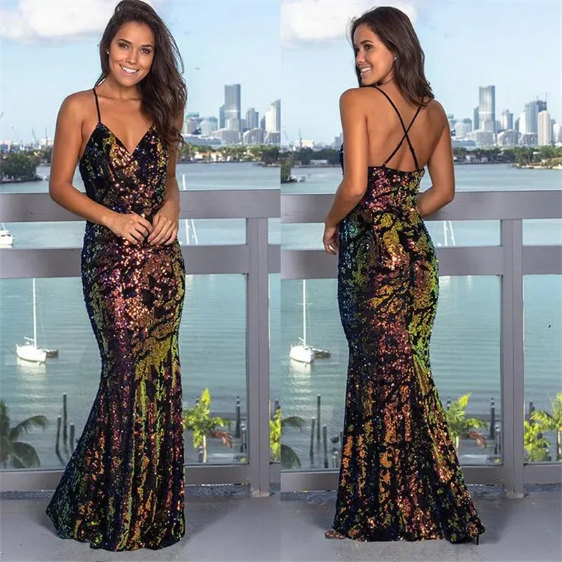 Elegant Colorful Shiny Mermaid Prom Dresses Spaghetti Sequined Floor Length Evening Gowns Plus Size Special Occasion Dress