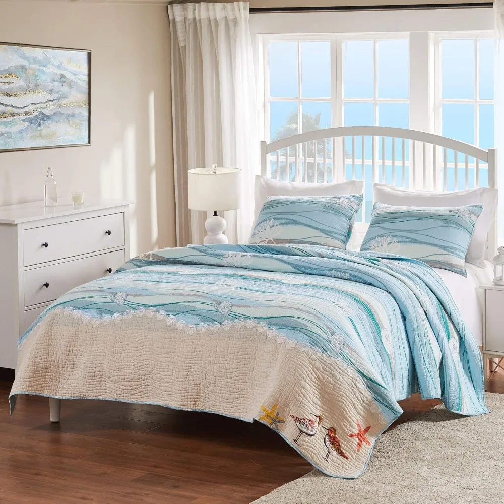 

Coastal Embroidered Quilt and Pillow Sham Set, Twin/Twin XL, Two-Piece, Blue