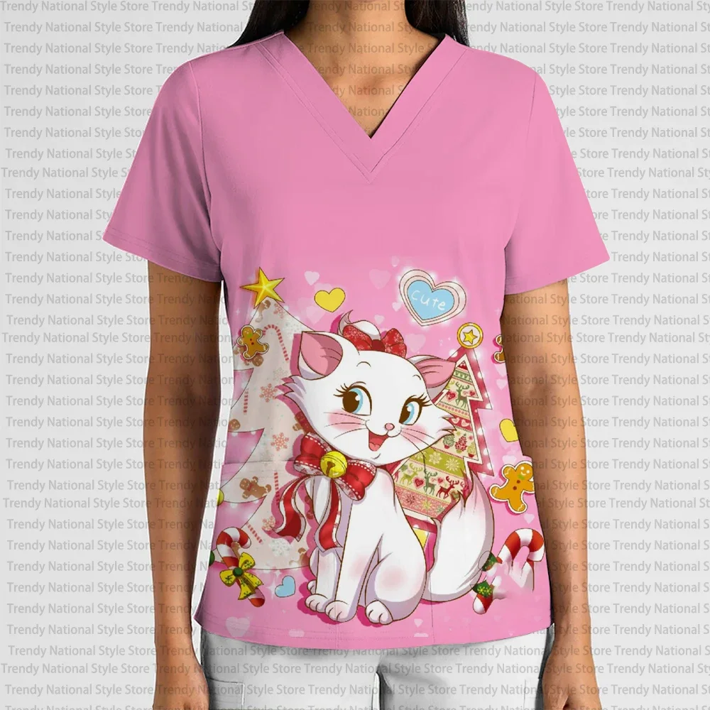 

Новая летняя модная женская рабочая форма Disney Christmas Marie Cat, матовый топ с v-образным вырезом и карманом, больничная футболка