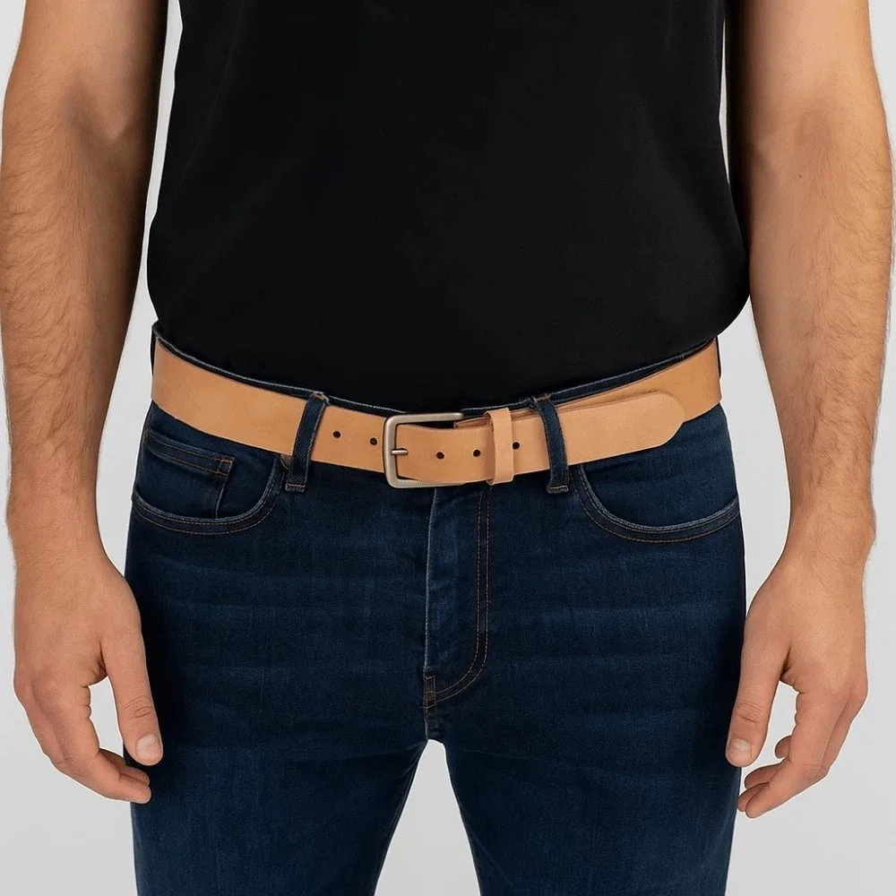 

Classic Alloy Men Wide Belt Natural Cowhide Color Long Genuine Leather Belt Retro Texture Jeans Waistband Ornament