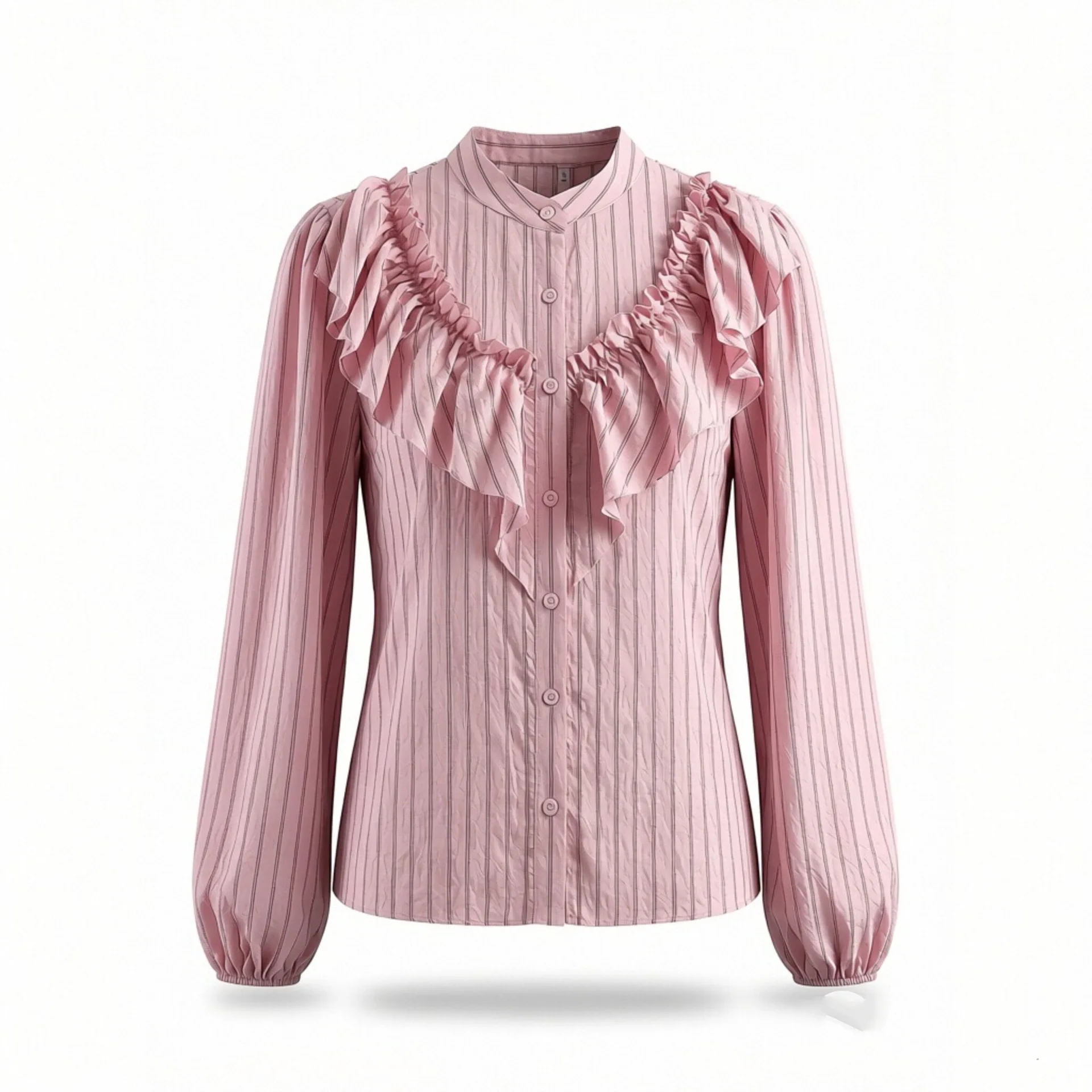 Withered High Neck Striped Layered Decorative Shirt Woman Clothes Shirts  Blouses Women's Clothes Shirts Tops