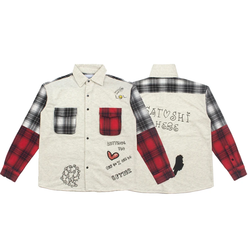 American High Street Retro Doing Old Graffiti Printing Checkered Splicing Fake Two Piece SATOSHI NAKAMOTO Shirt Casual Coat