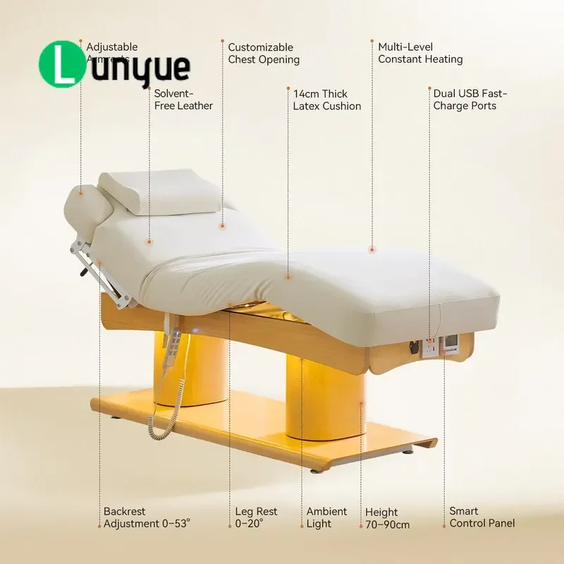 Quad Motor Electric Beauty Bed Heated Facial Treatment Table Wooden Spa Massage Bed with Dual USB Ports for Clinic