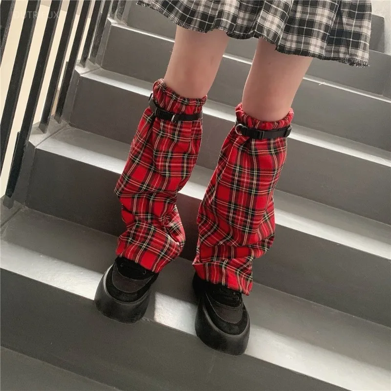 Women Red Plaid Sweet Leg Warmer Y2K Style Lady Patch Streetwear Fashion Foot Sleeve Harajuku PU Strap Korean Summer Socks 2025