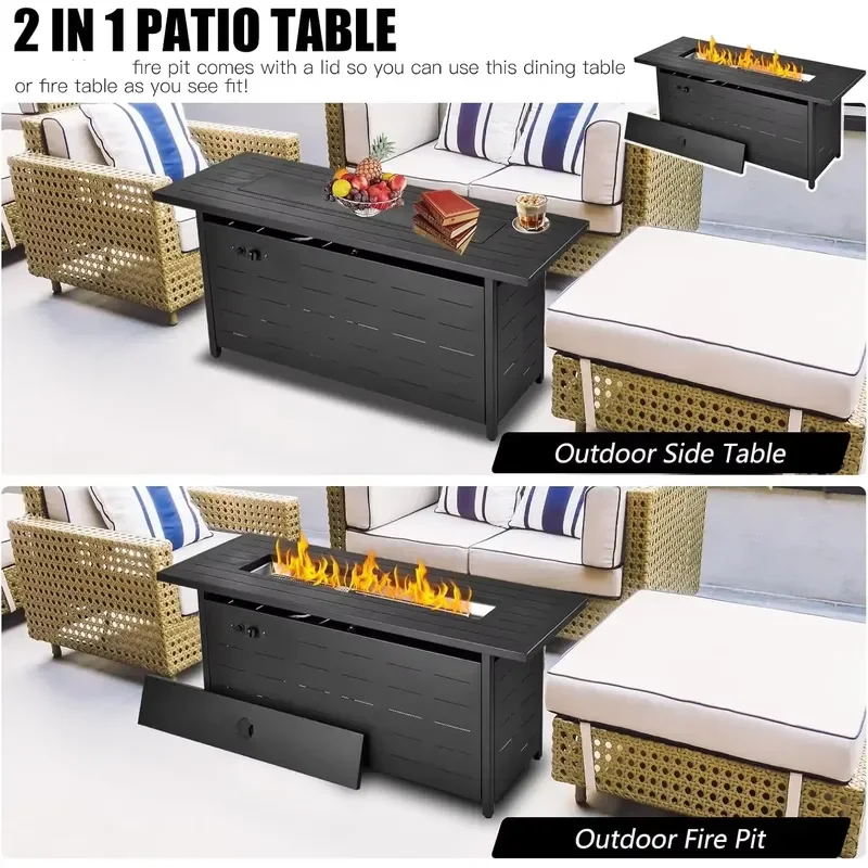 2026 New, High Quality, 57 Inch Propane Fire Pit Table 50000 BTU Firepit with Lid Lava Rock and Waterproof Cover for