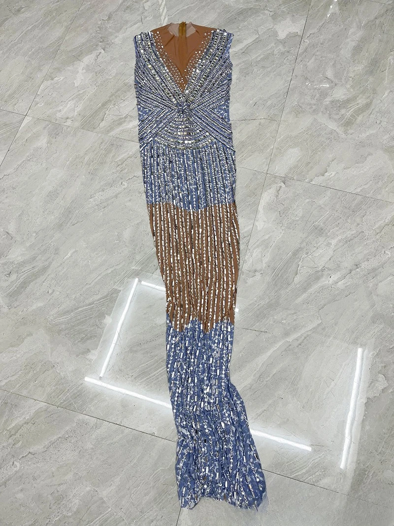 Robe de tempérament bleu clair en fausse viande, à la mode, pour chanteuse, vêtements de Performance atmosphérique haut de gamme, robe de réunion annuelle, 2025