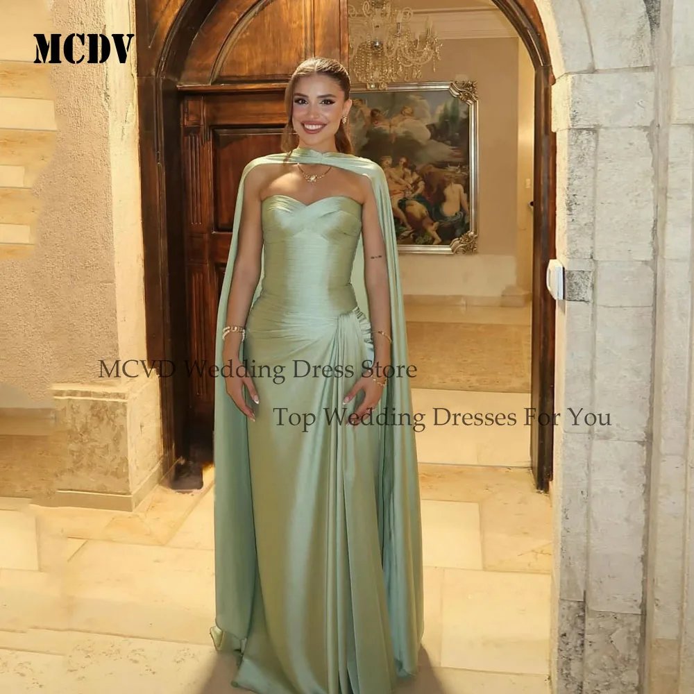 

MCDV Olive Green Elegant Prom Dress With Cape Mermaid Sweetheart Pleat Split Wedding Guest Dresses Customized Vestidos De Fiesta