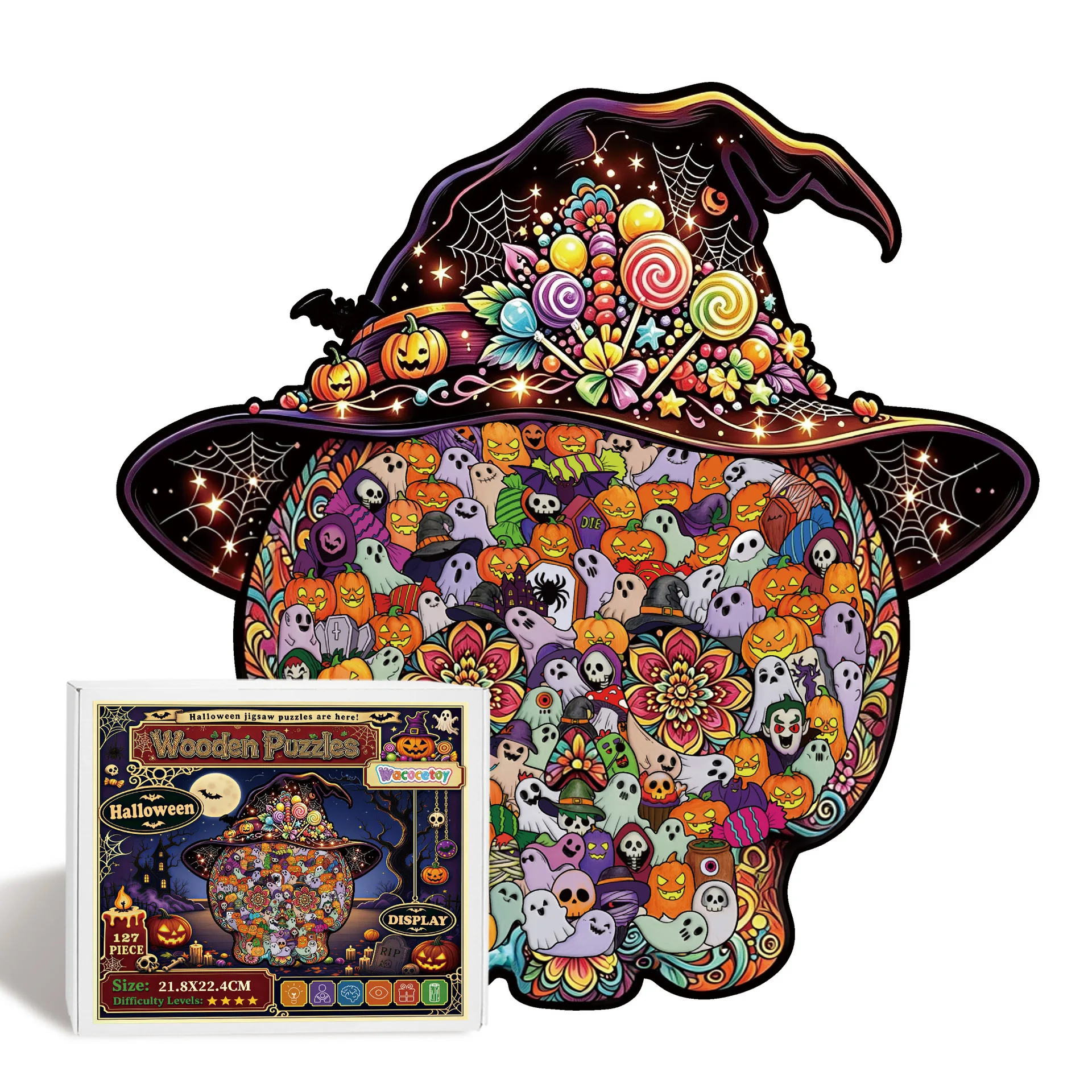 DIY Halloween Witch Hat Wooden Jigsaw Puzzle 127Pcs Shaped with Frame Skeleton Ornament Decor Gift 21.8x22.4cm