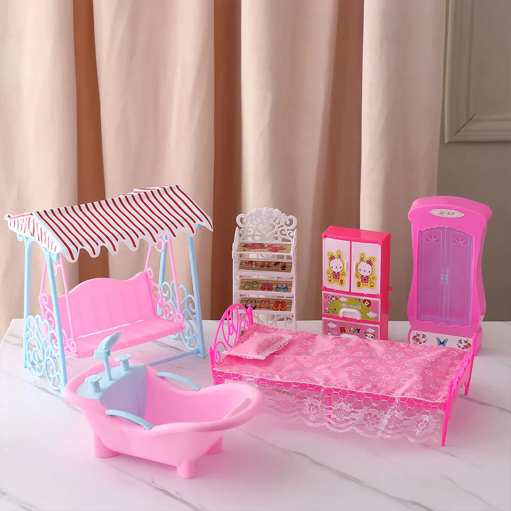 Dollhouse Furniture Plastic Miniature Wardrobe Bed Shoe Rack Bathtub Swing For Dolls Living Room Decoration Accessories Kids Toy