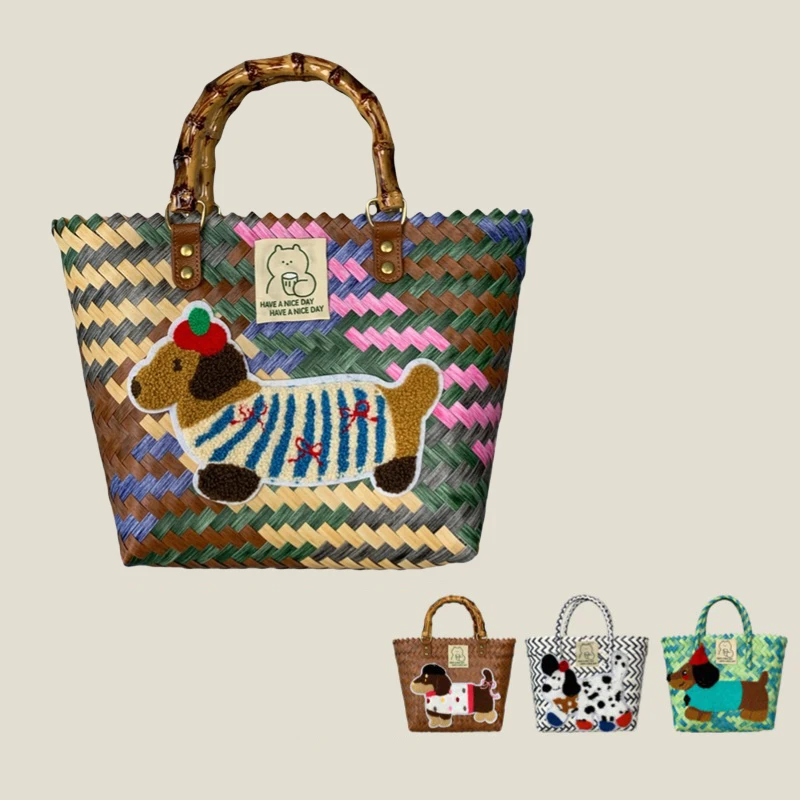 Retro Striped Dachshund Dog Woven Bag Trendy Cute Handbag Large Capacity Tote Bag Fashion Bamboo Handle Vegetable Basket Bag
