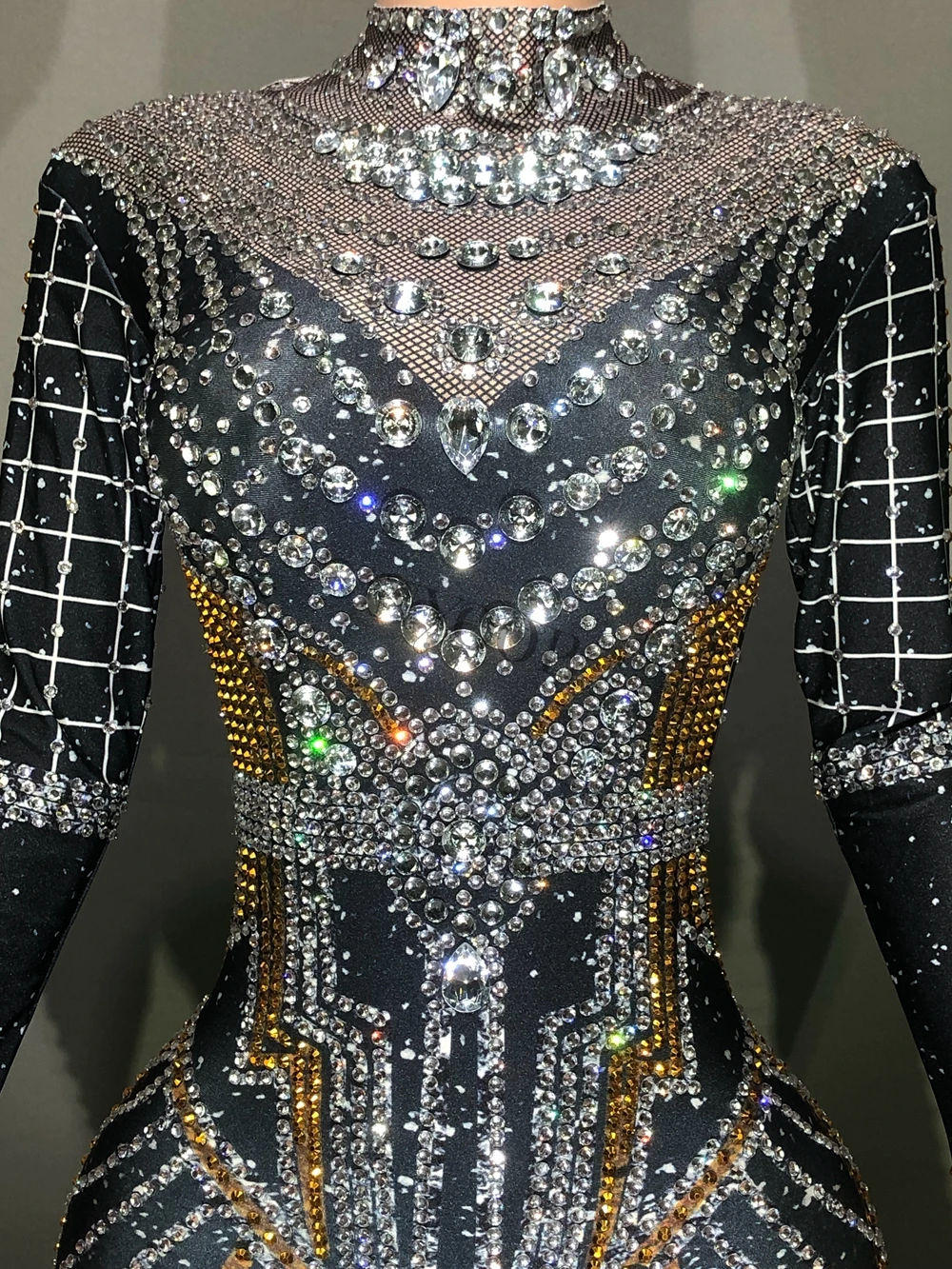 Mono con diamantes de imitación brillantes para mujer, traje de LICRA de manga larga para discoteca, fiesta de graduación, cantante, traje de actuación, ropa de escenario