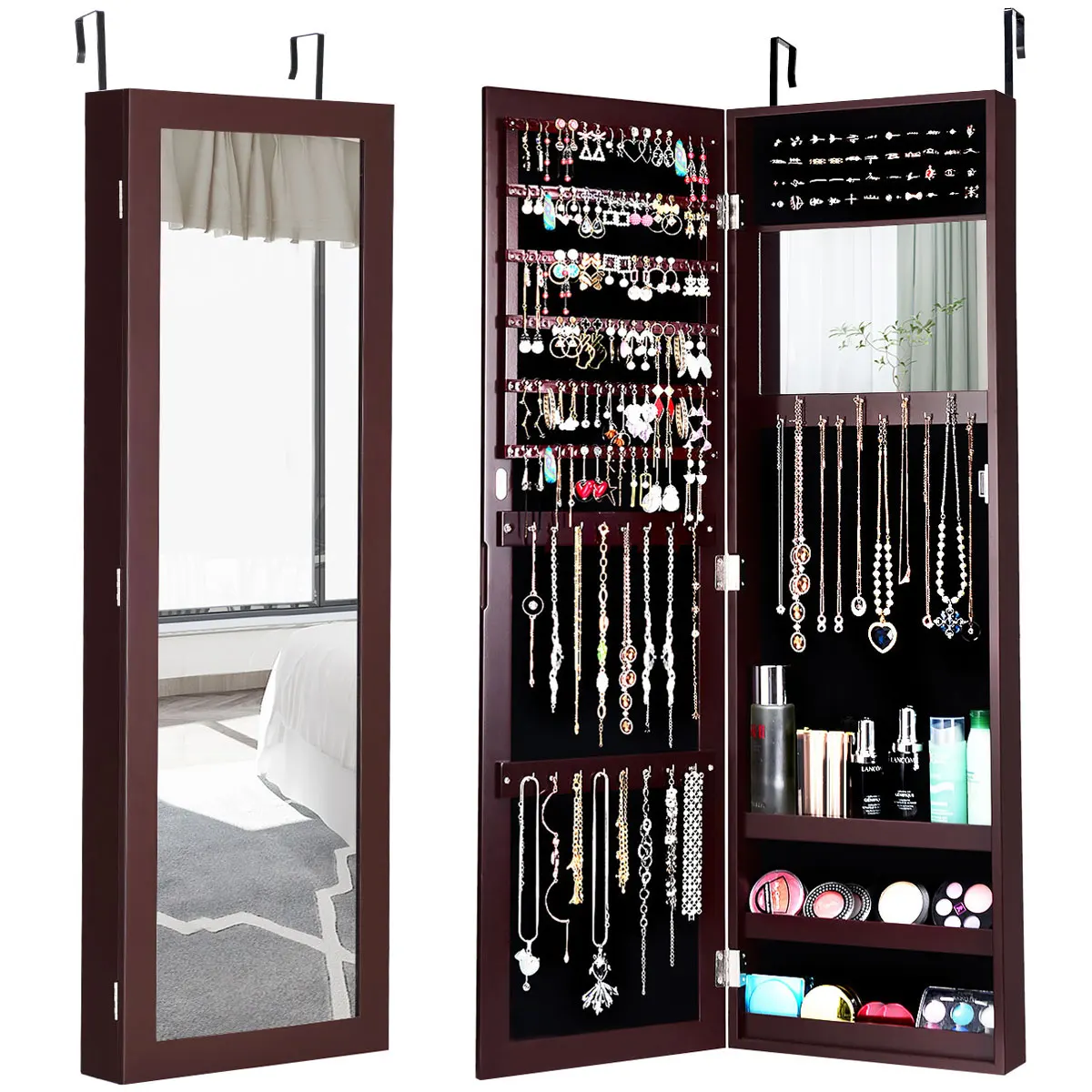 Mirrored Jewelry Cabinet Armoire Storage Organizer Wall Door Mounted Brown New