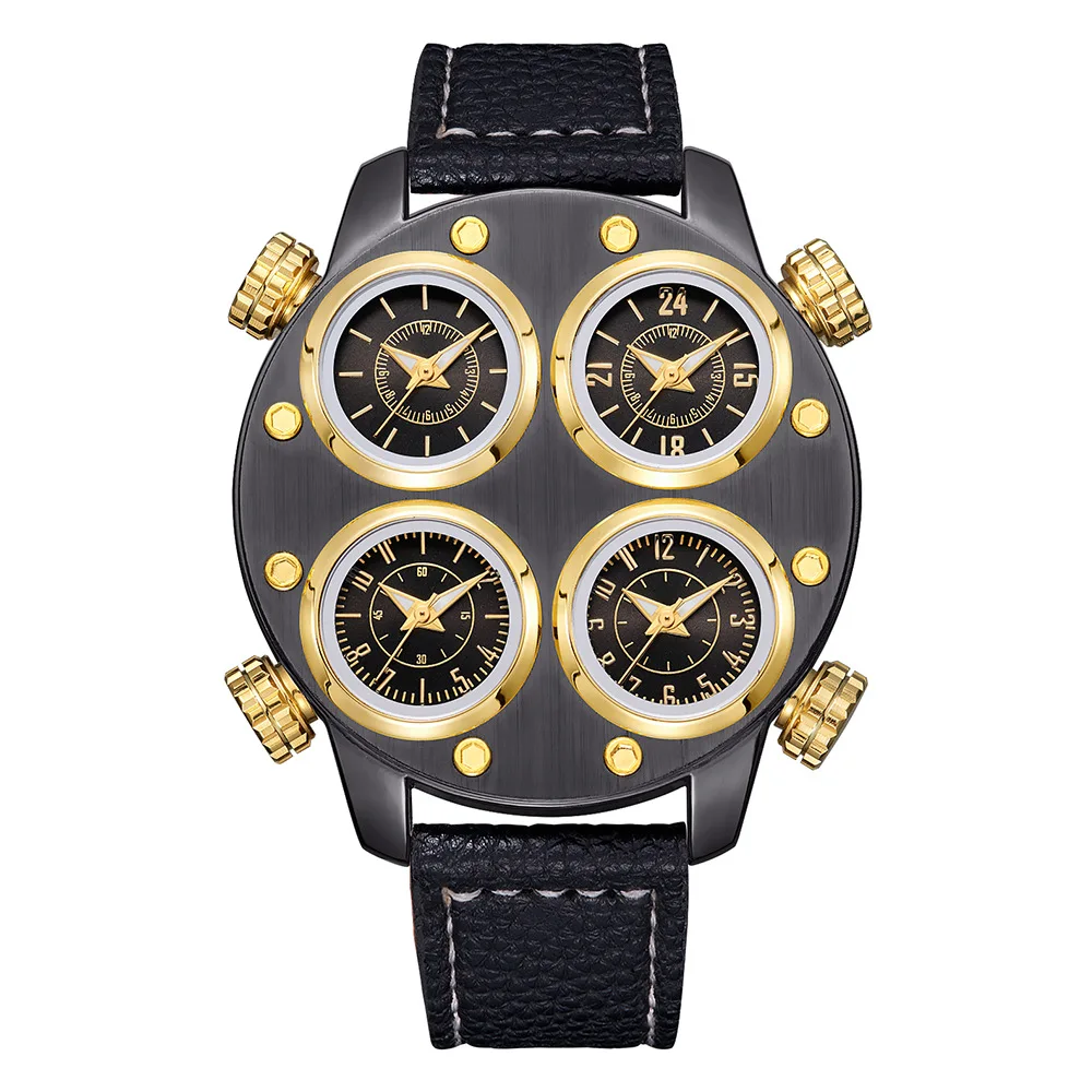 OULM Brand New Men's Big Watch Four Time Zone Punk Quartz Leather Watch Foreign Trade Individual Fashion Style Drop Shipping