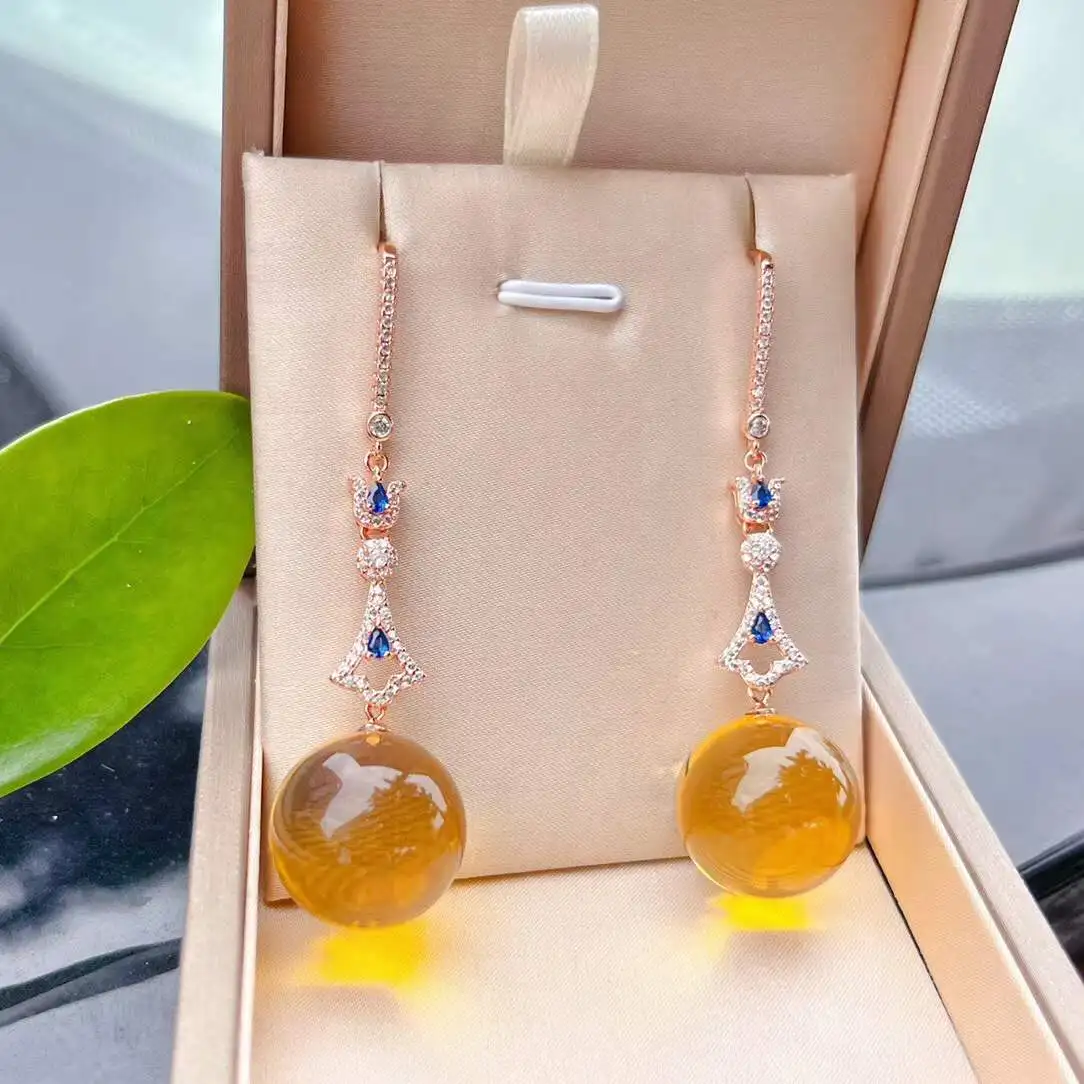 

925 Sterling Silver 17mm Natural Dominican Blue Amber Drop Earrings with Crown Star Vintage Royal Jewelry for Women Gift