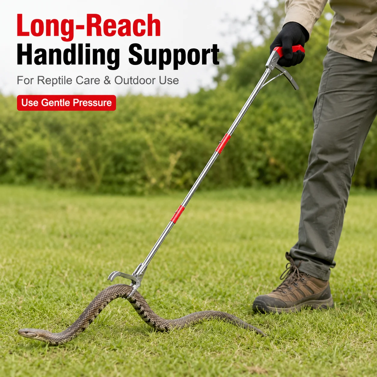 120cm Foldable Stainless Steel Snake Tongs, 3-Section Long Reach Reptile Handling Tool, 44cm Compact Storage