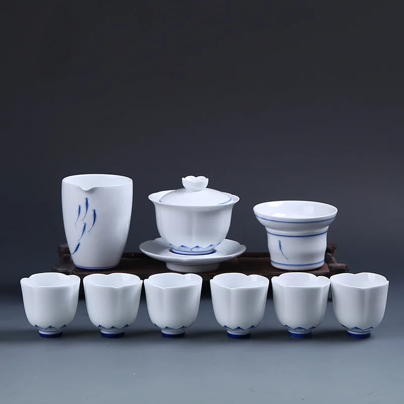 

Chinese Blue Lotus Hand-Painted Porcelain Tea Set Gongfu Ceramic Collection with Gift Box Full Ceramic Cup Set