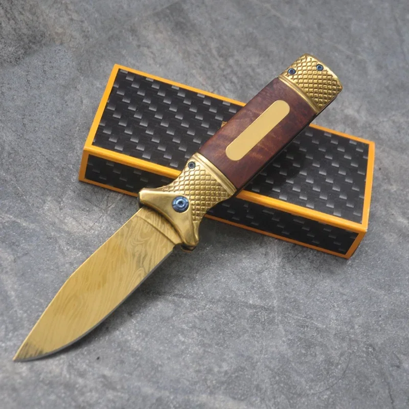 

8'' Damascus Straight Knife 7CR18MOV Knives Pocket Folding Knife Titanium Gold Stainless Steel Blade Wood Handle Camping Knifes