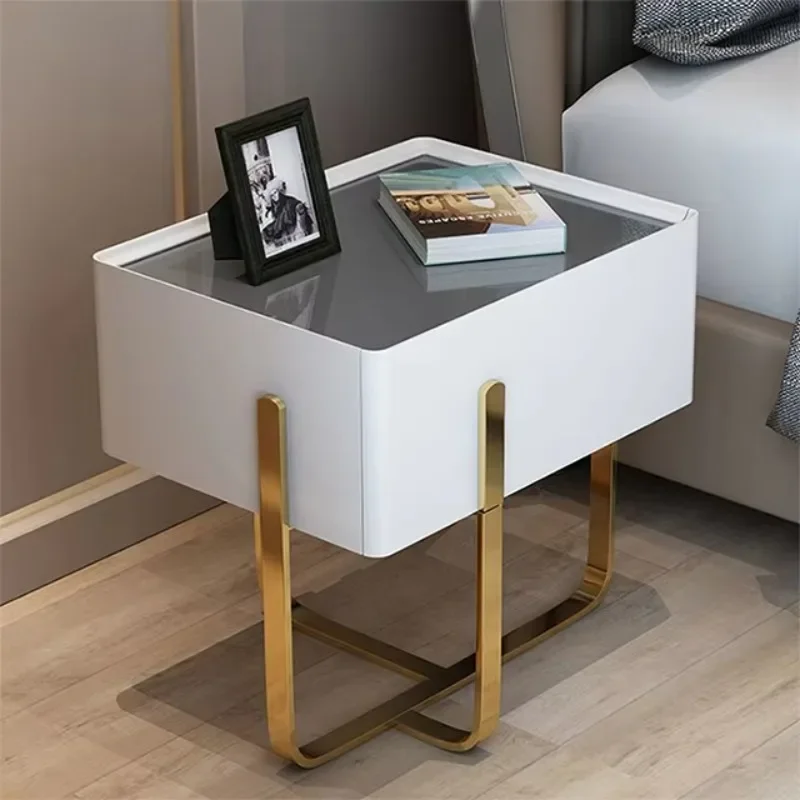 Nordic light luxury bedroom modern minimalist metallic paint drawer creative wood slate bedside table