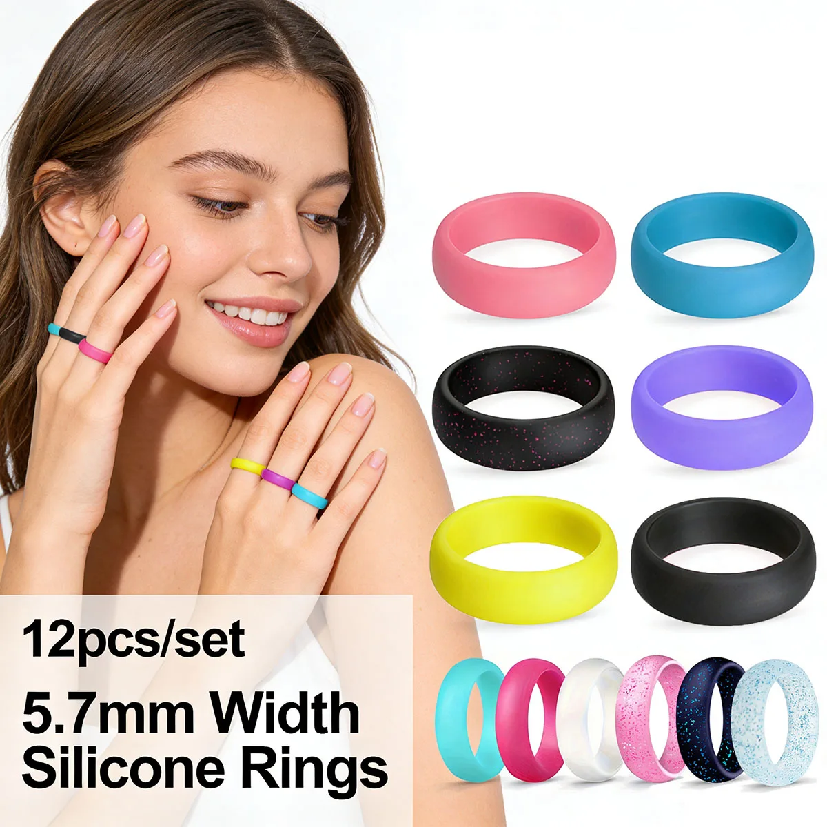 12pcs/set Colorful Sports Silicone Ring for Women Wedding Rubber Bands Hypoallergenic Flexible Yoga Finger Rings Sequin Gifts